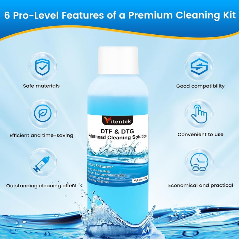 Yitentek محلول تنظيف رأس الطباعة DTF - مجموعة منظف رأس الطباعة العالمية لأي طابعات DTF و DTG، مجموعة تنظيف رأس الطباعة لطابعات Epson ET8550 L1800 XP15000 R1390 XP600 4720 i3200 i1600 5113 (100 مل)  - Image 2